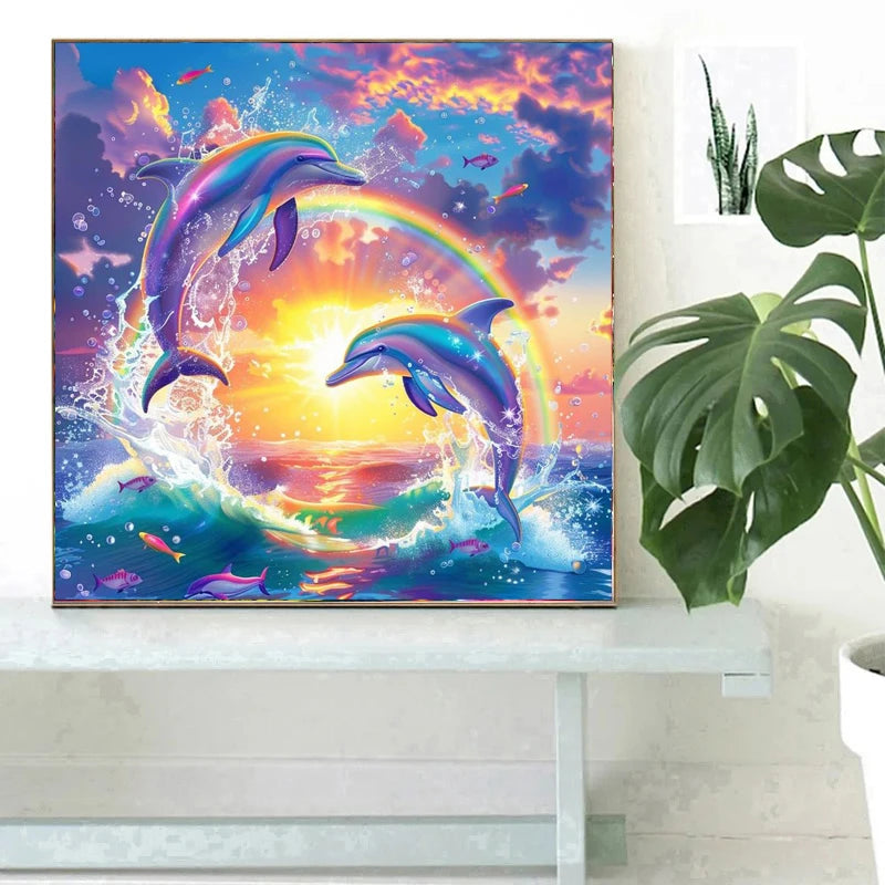 2024 NEW Full Crystal Diamond Painting Dolphin Cross Stitch Kit Turtle Fairy Dust Diamond Mosaic Animal Rhinestones Home Decor