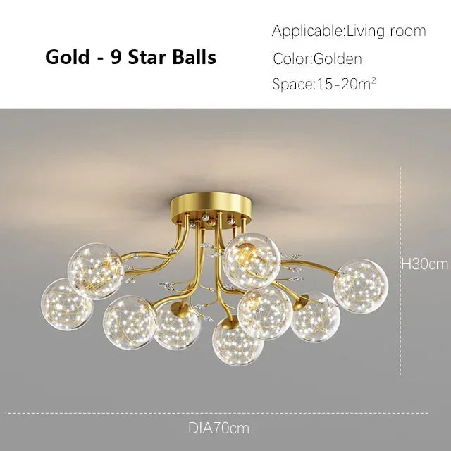Creative Iron LED Ceiling ChandelierStarry Glass Lamp Living Dining Room bedroom kitchen Loft light Home Decor Stylish Luminaire