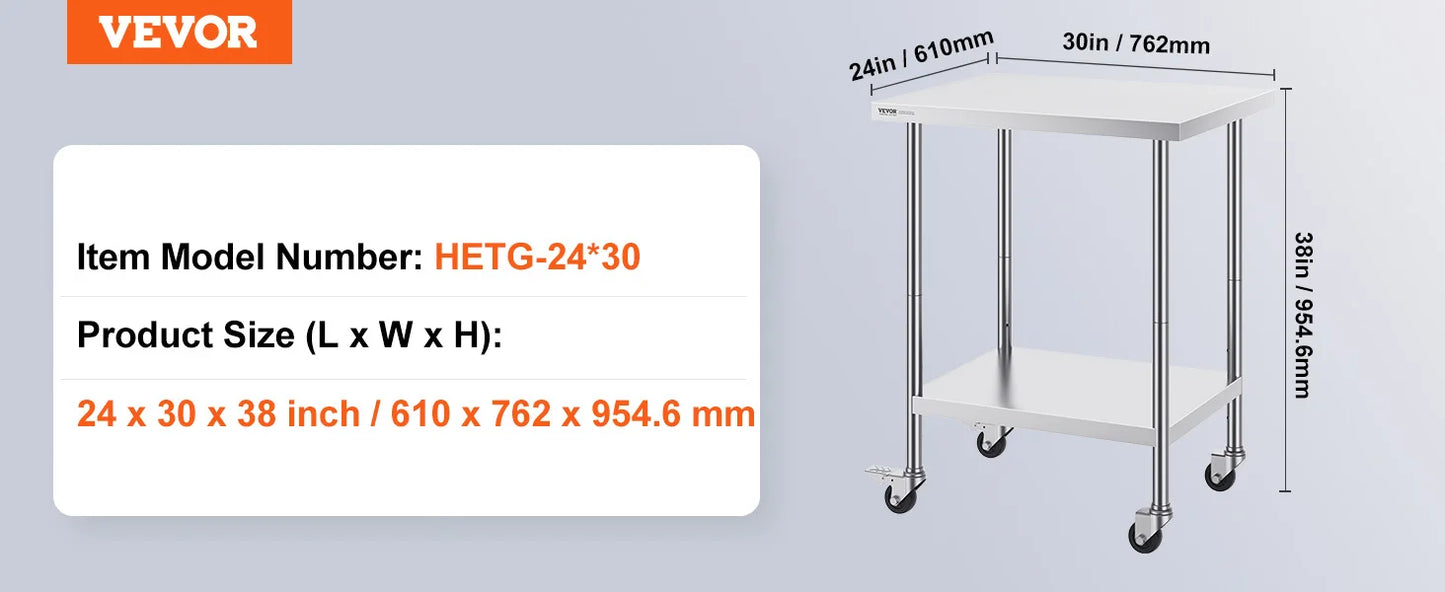 VEVOR Stainless Steel Work Prep Table with 4 Wheels 3 Adjustable Height Levels Heavy Duty Food Prep Worktable for Hotel Home