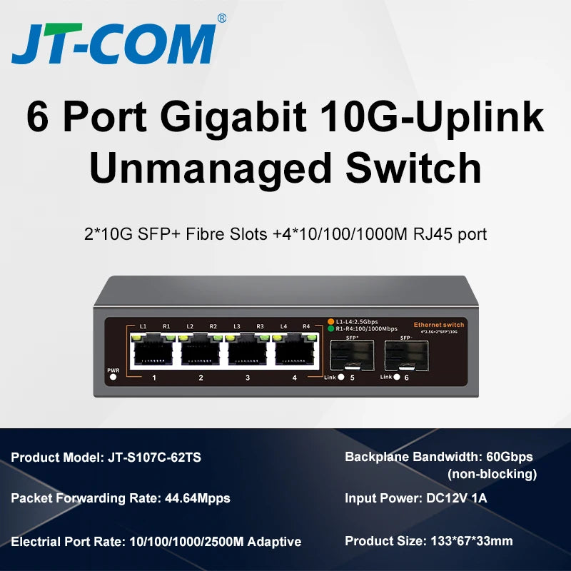 2.5Gb Network Switch 8 Port 2.5G RJ45 with 2 Port 10G SFP+ Ethernet Switch Fanless Plug Play Desktop Wall Mounted Network Switch