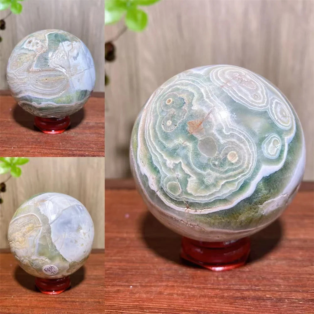1PCS Natural Colourful Ocean Jasper Sphere WIth Druzy And Crack Raw Geode Healing Crystals Reiki Energy Home Decor +Stand