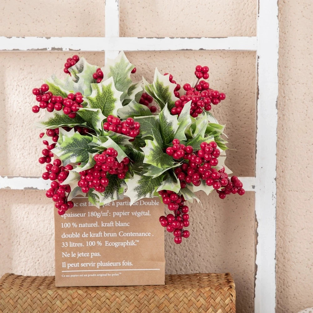 Artificial Red Berry Branch With Leave Faux Holly Berries Flower Bouquet Christmas Tree Ornaments Wedding Party Home Decor