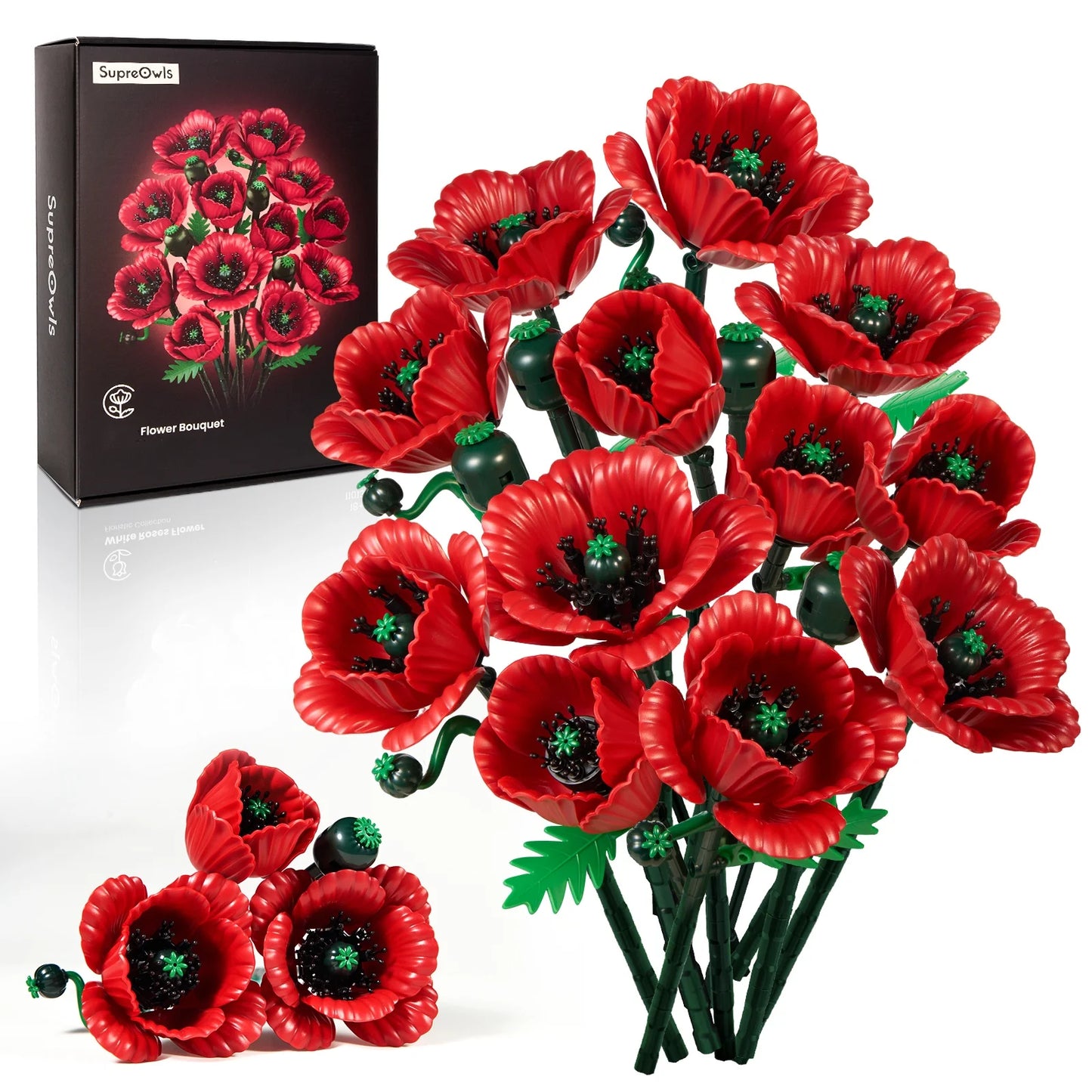Red Bouquet Artificial Flowers Building Set Blocks Floral Wedding Party Home Decor Botanical Brick Collection Christmas Gifts