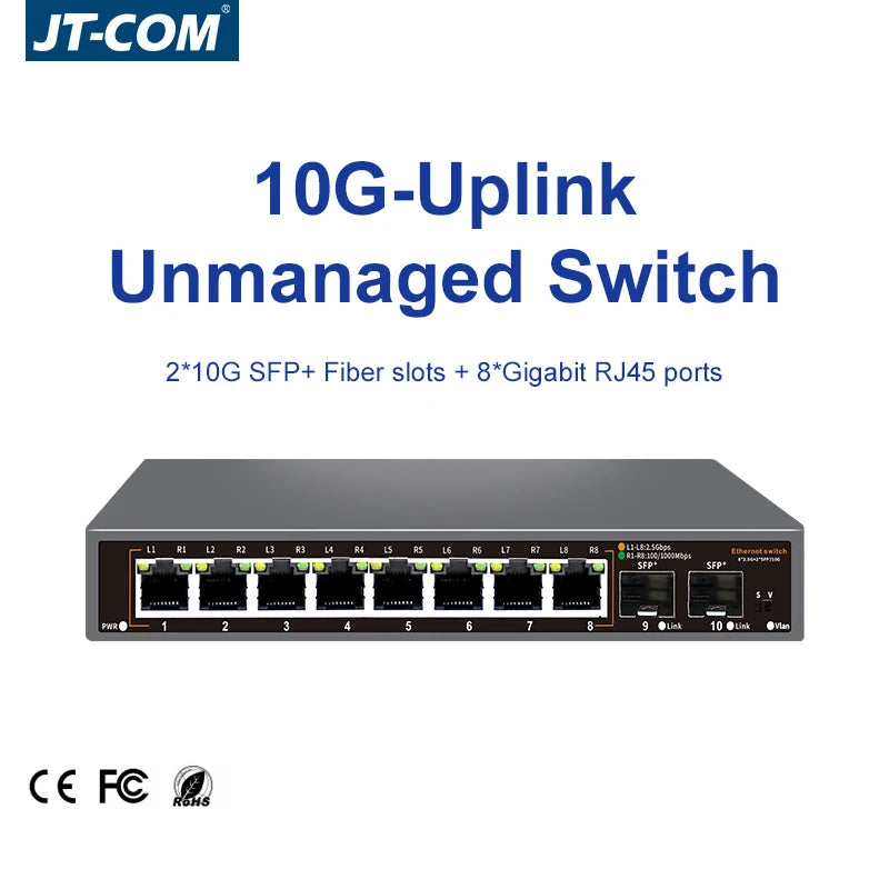 2.5Gb Network Switch 8 Port 2.5G RJ45 with 2 Port 10G SFP+ Ethernet Switch Fanless Plug Play Desktop Wall Mounted Network Switch