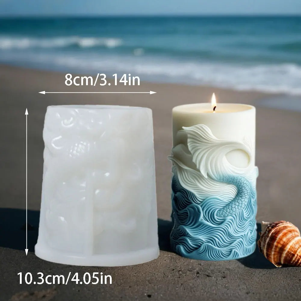 Ocean Theme Silicone Candle Mold Dolphin Column Resin Mold Fishtail Pillar Plaster Making Tool Relief Wave Design DIY Home Decor