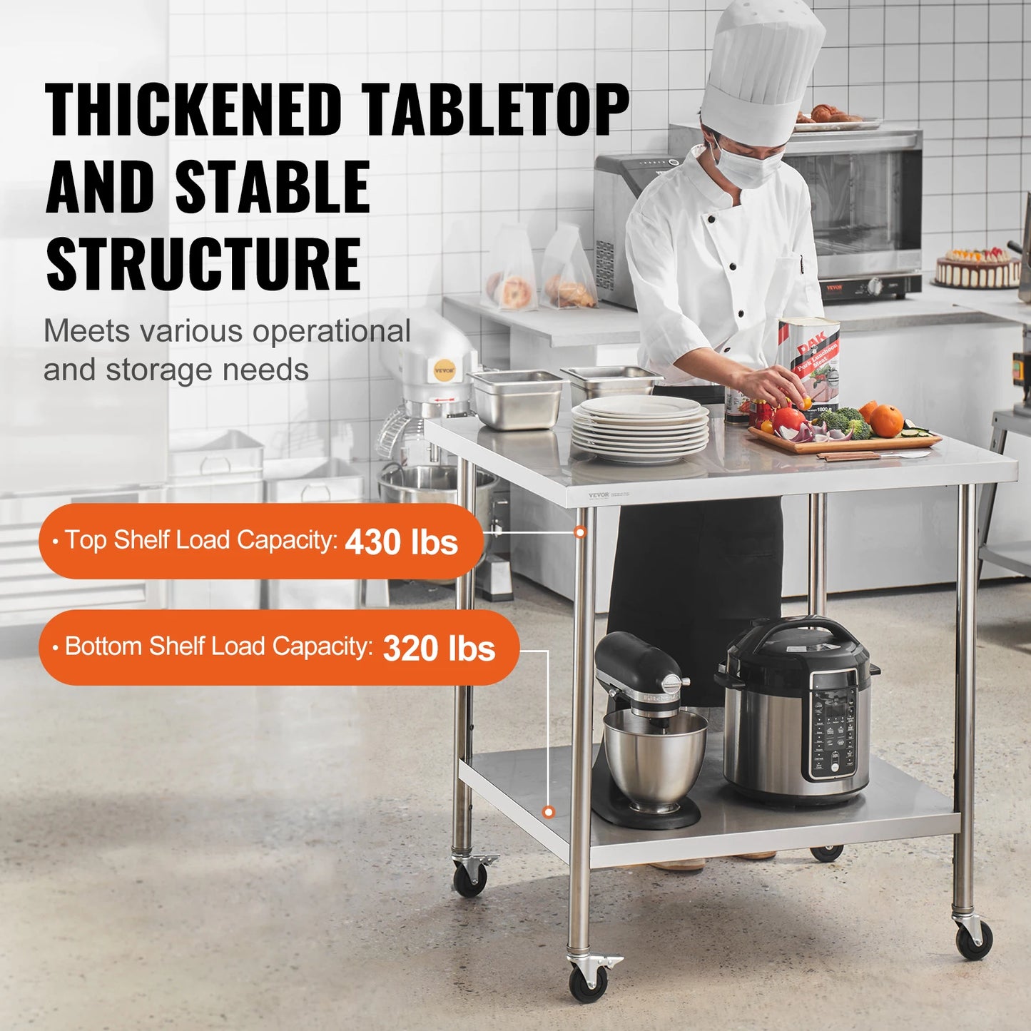 VEVOR Stainless Steel Work Prep Table with 4 Wheels 3 Adjustable Height Levels Heavy Duty Food Prep Worktable for Hotel Home