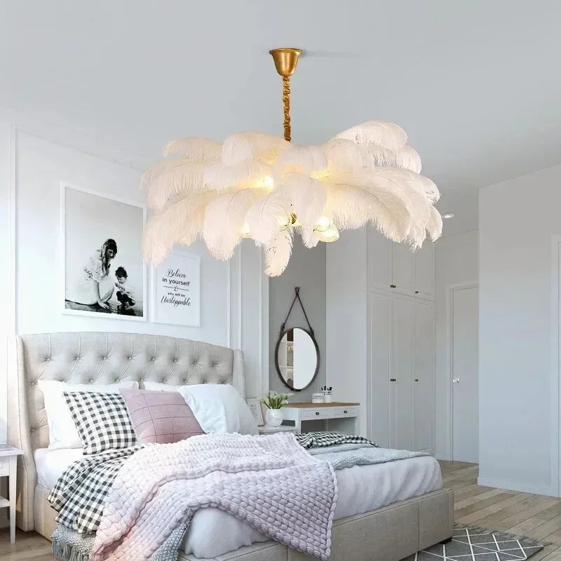 Nordic Creative Feather Chandelier Restaurant Living Room Bedroom Hotel LED Pendant Lamp Romantic Princess Home Decor Lighting