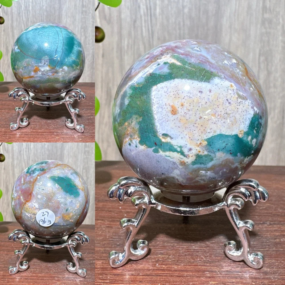 1PCS Natural Colourful Ocean Jasper Sphere WIth Druzy And Crack Raw Geode Healing Crystals Reiki Energy Home Decor +Stand