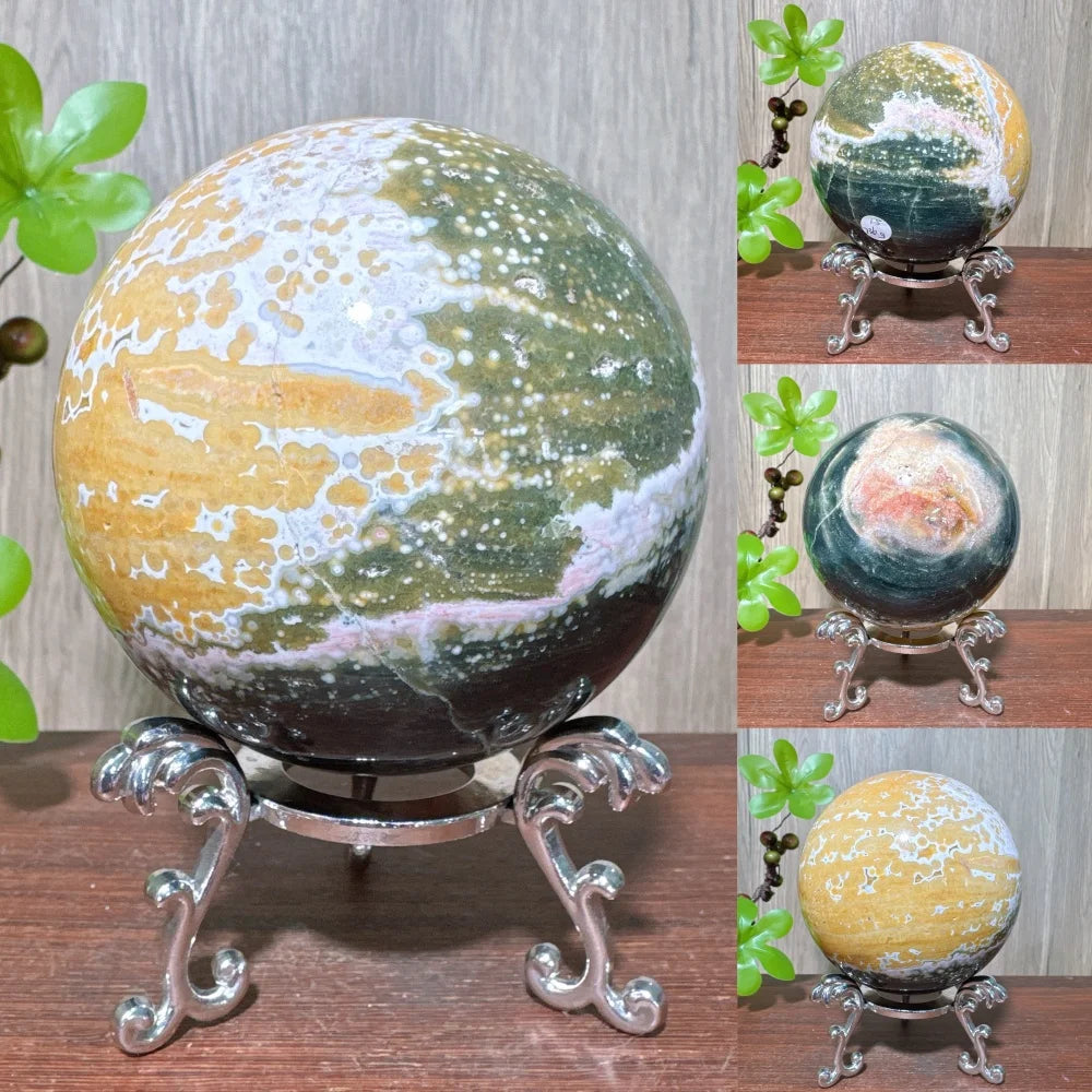 1PCS Natural Colourful Ocean Jasper Sphere WIth Druzy And Crack Raw Geode Healing Crystals Reiki Energy Home Decor +Stand