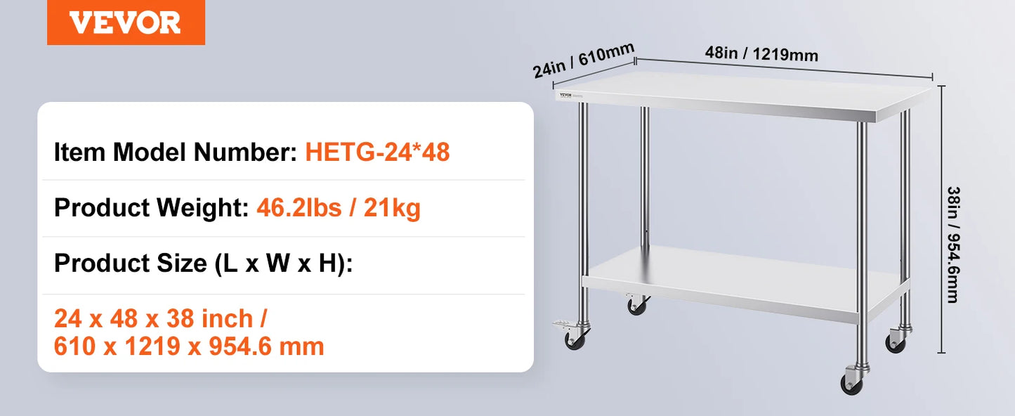 VEVOR Stainless Steel Work Prep Table with 4 Wheels 3 Adjustable Height Levels Heavy Duty Food Prep Worktable for Hotel Home