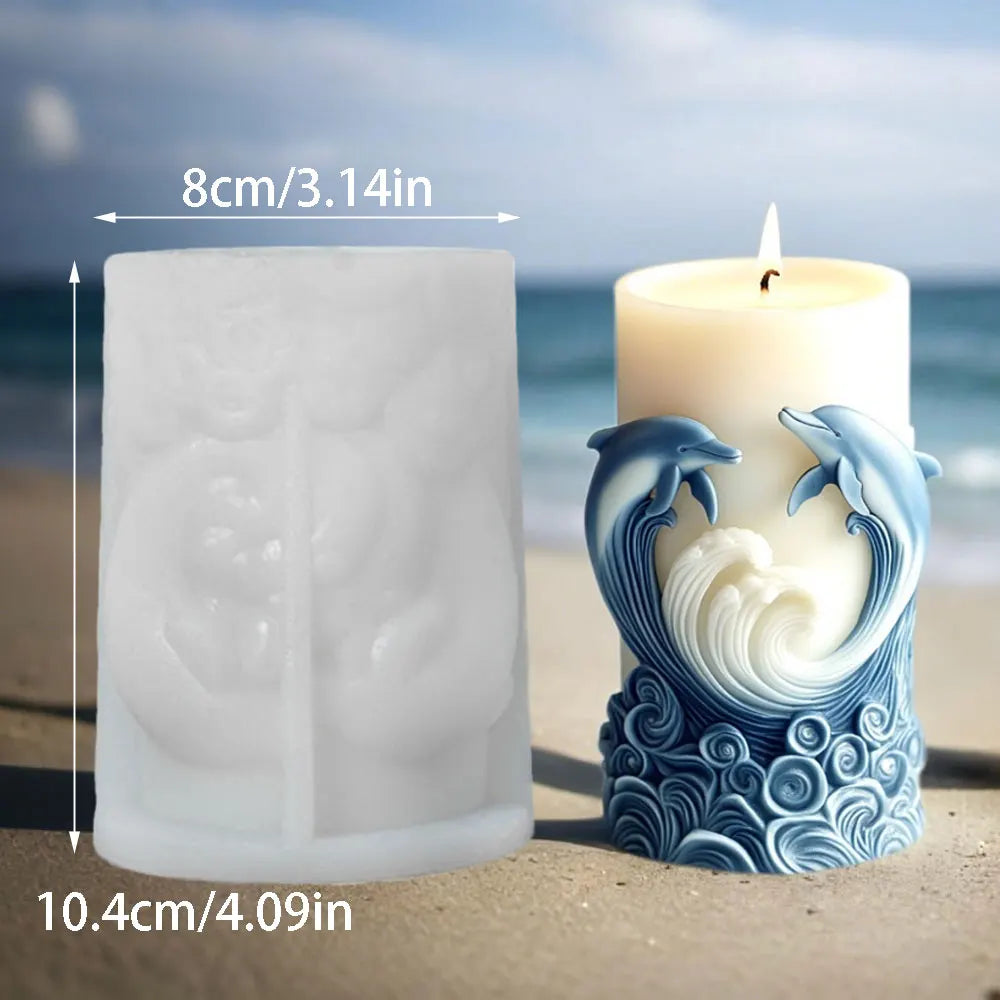 Ocean Theme Silicone Candle Mold Dolphin Column Resin Mold Fishtail Pillar Plaster Making Tool Relief Wave Design DIY Home Decor