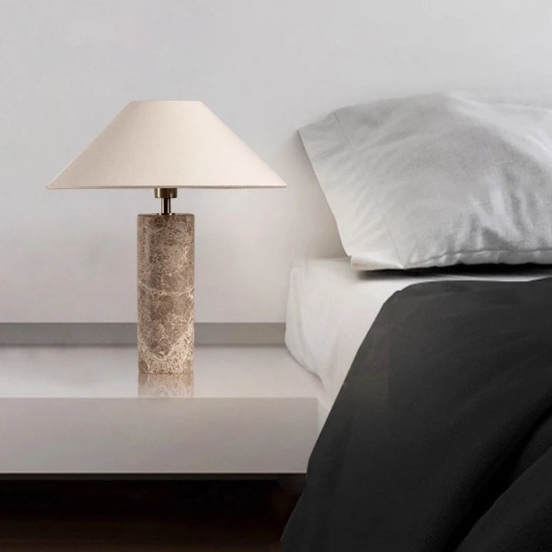 Nordic Cylindrical LED Table Lamp with Marble Base White Fabric Shade for Living Room Study Restaurant Bedroom Home Decor