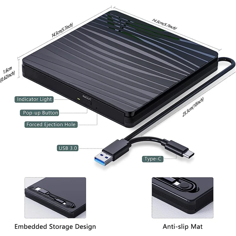 -A96Z External CD/DVD Drive For Laptop, USB 3.0 & Type-C Portable CD DVD +/-RW Burner Optical Drive Reader Writer DVD Player Dur