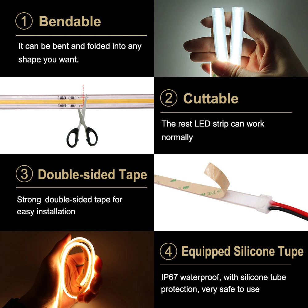IP67 COB LED Strip AC 110V 120V 130V 220V 230V 240V Super Bright FOB COB LED Tape Ribbon Lights 10m 20m 30m 50m for Home Decor