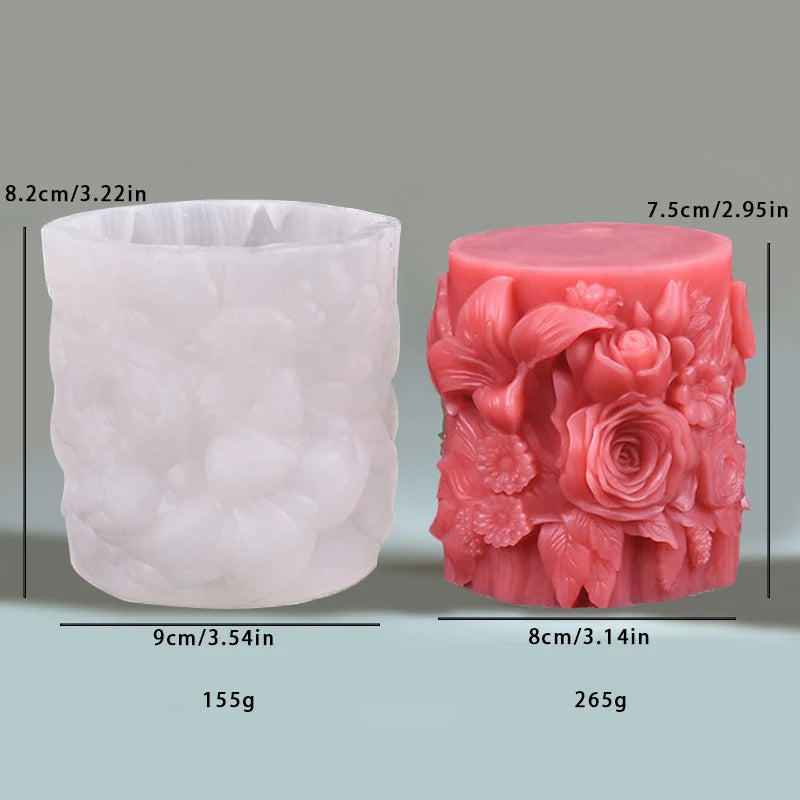 Relief Blooming Flower Cylinder Candle Silicone Mold 3D Rose Cylinder Candle Molds Valentine's Day Wedding Home Decor Mould