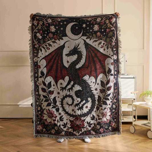 Textile City Fantasy Dragon Moon Floral Jacquard Woven Throw Blanket Vintage Folk Home Decor & Autumn Winter Picnic Blanket