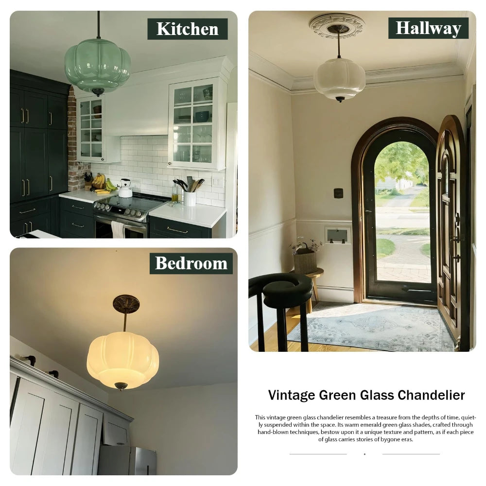Retro Green Scallop Milk Glass Chandelier Nordic Pendant Lamp for Kitchen Island Hallway Corridor Home Decor Hanging Light E26