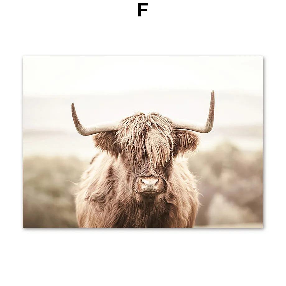 Neutral Beige Wall Art Mural Canvas Prints Boho Nature Landscape Highland Cow Coastal Pampas Grass Plant Posters Room Home Decor