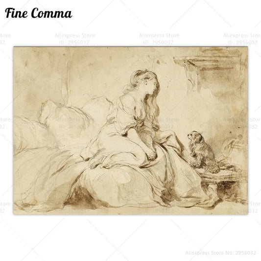 A Woman with Here Faithful Dog Vintage Poster French Wall Art Decor Canvas Print Retro Etching Sketch Print Dog Home Decor Gift