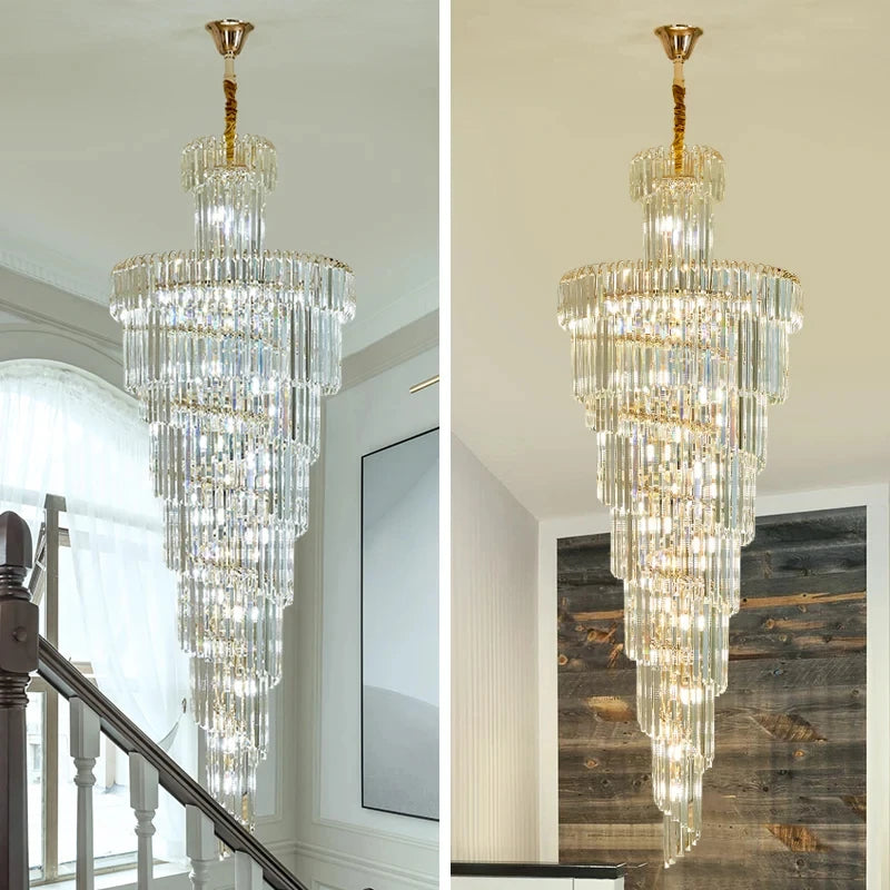 Long Crystal Staircase Gold Chandelier Modern Loft Crystal Lamp Luxury Villa Hotel Hall Living Room Large Chandelier Home Decor