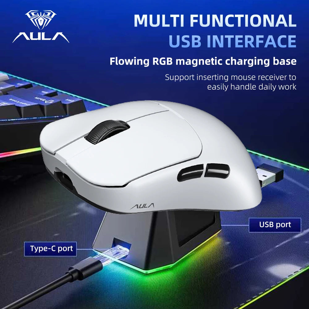 AULA SC380 Pro Gaming Mouse With Adjustable 12000 DPI PAW3311 Sensor Tri-Modes Wireless 59g Lightweight Mouse With Charging Base