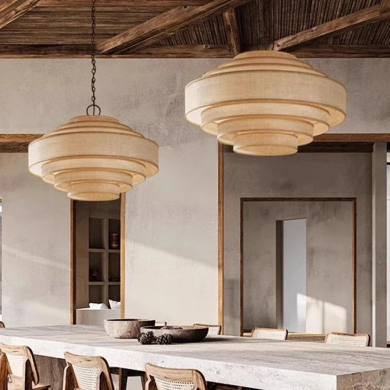 Restaurant Wabi-sabi Fabric Art LED Pendant Light E27 Silk Lustre Chandelier for B&B Island Counter Loft Lamps Design Home Decor