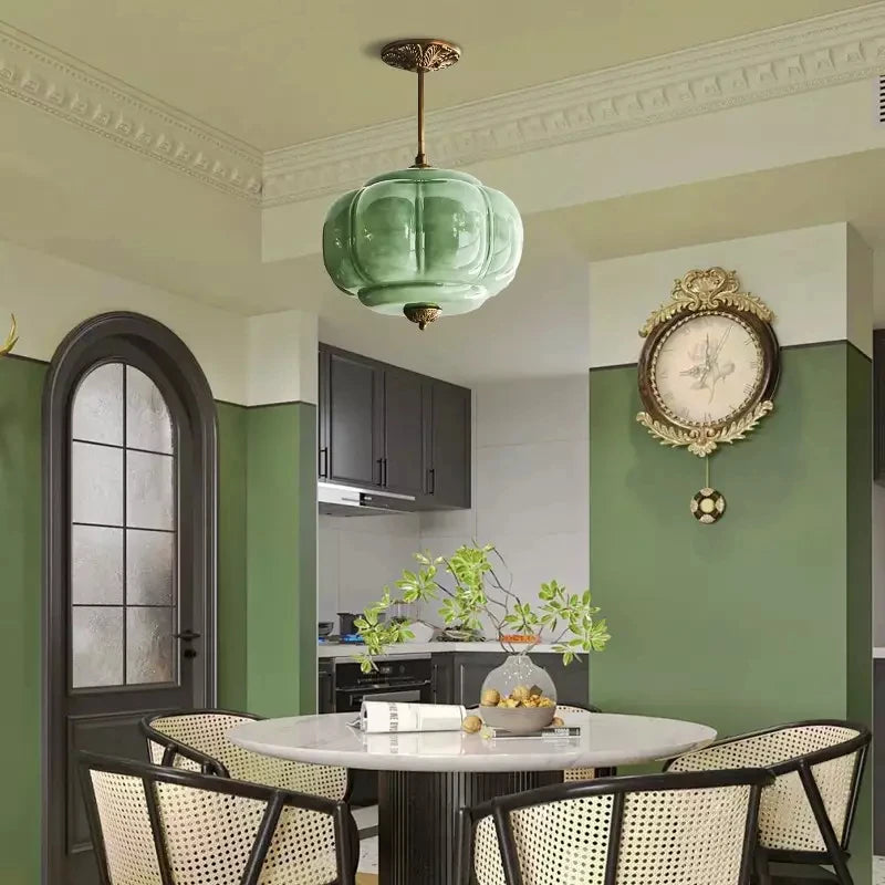 Retro Green Scallop Milk Glass Chandelier Nordic Pendant Lamp for Kitchen Island Hallway Corridor Home Decor Hanging Light E26