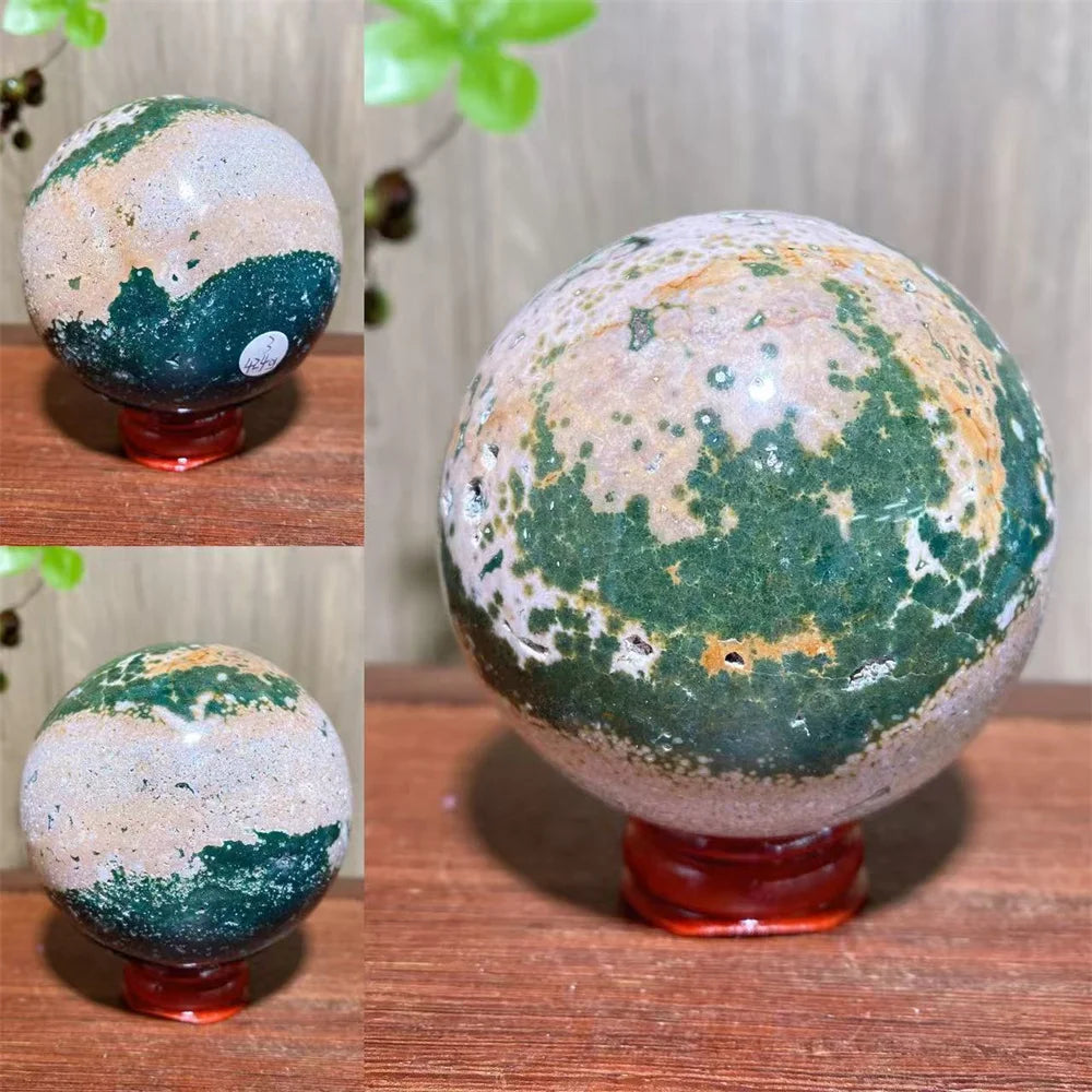 1PCS Natural Colourful Ocean Jasper Sphere WIth Druzy And Crack Raw Geode Healing Crystals Reiki Energy Home Decor +Stand