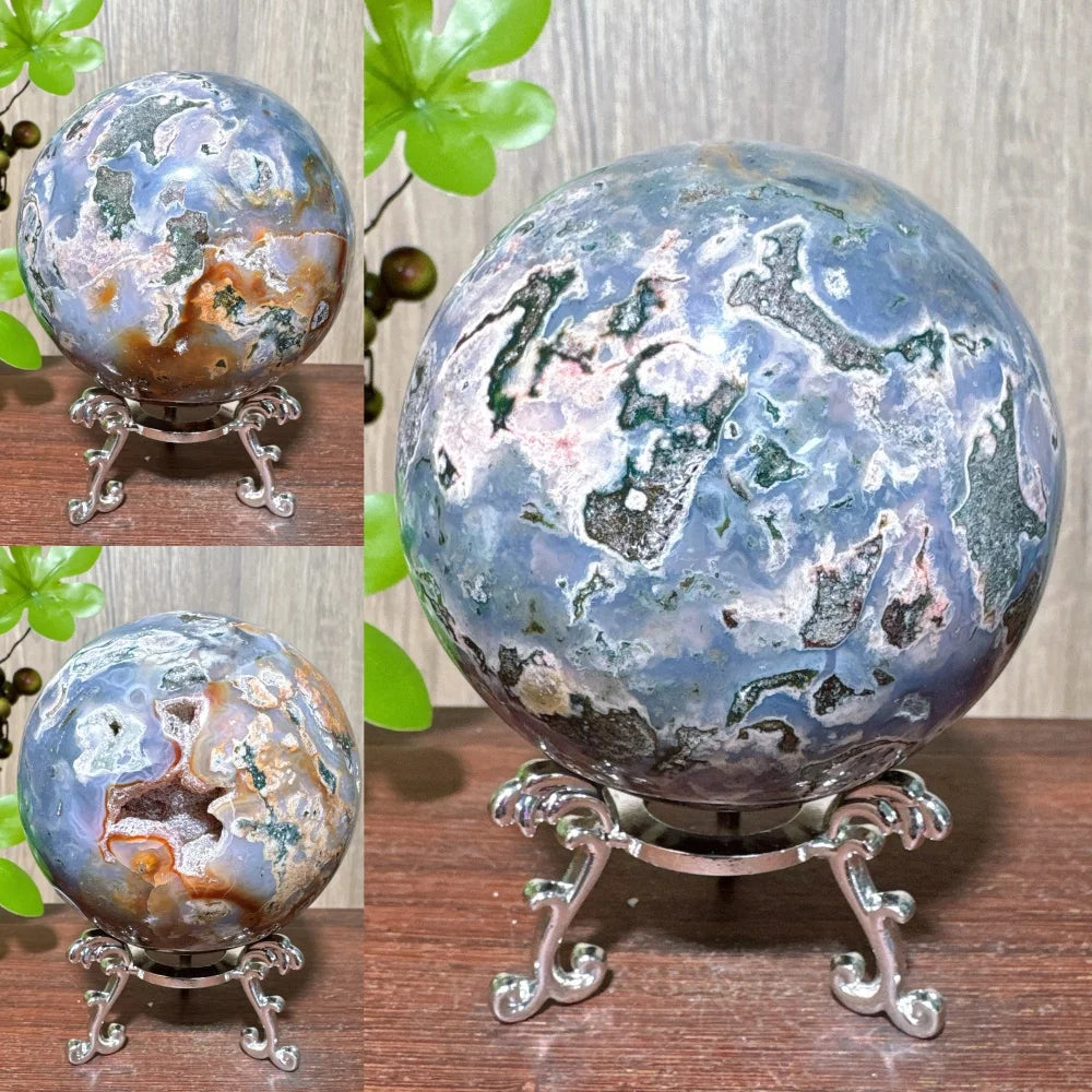 1PCS Natural Colourful Ocean Jasper Sphere WIth Druzy And Crack Raw Geode Healing Crystals Reiki Energy Home Decor +Stand