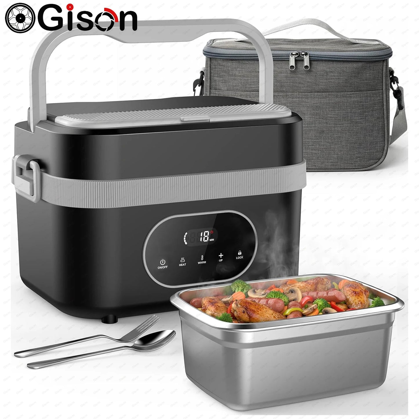 Gison 1.5L Electric Heated Lunch Box for Adults 60W Heated with Temp 18000mah Display Portable Food Warmer for Work Car or home