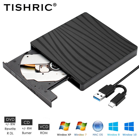 TISHRIC External DVD Drive Type C/USB 3.0 Player DVD/CD-ROM Reader Writer Burner For Macbook Laptop Dvd portatil Burner