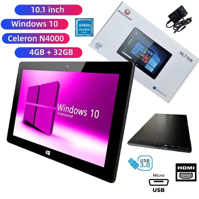 10.1" Windows 10 Pro Tablet PC Intel Celeron N4000 64bit Quad Core Dual Camear 4GB DDR 32GB ROM 1280 x 800 IPS HD-MI Port