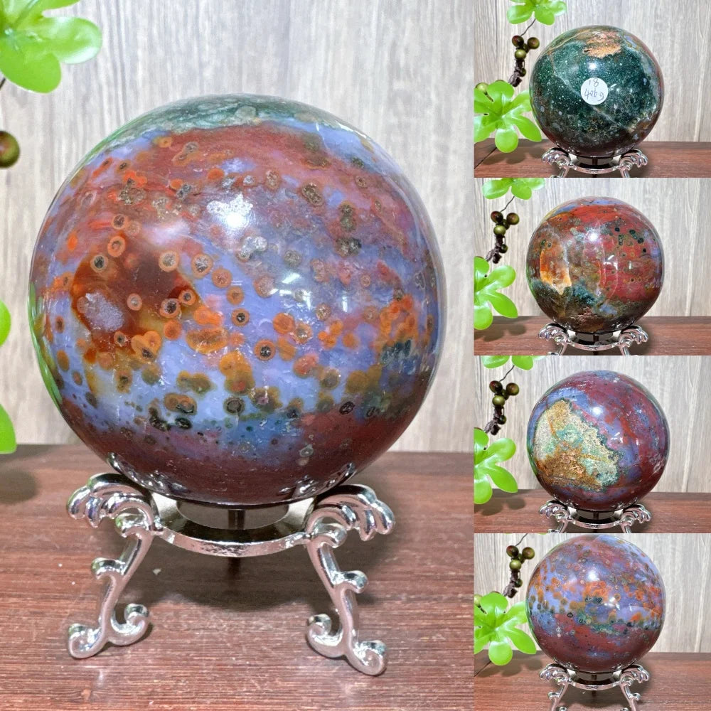1PCS Natural Colourful Ocean Jasper Sphere WIth Druzy And Crack Raw Geode Healing Crystals Reiki Energy Home Decor +Stand