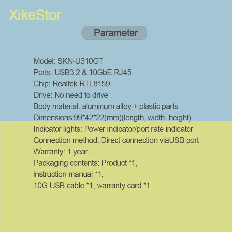 XikeStor USB to 10GbE Type-C Adapter, Thunderbolt 3/4/5 Compatible, with USB Cable