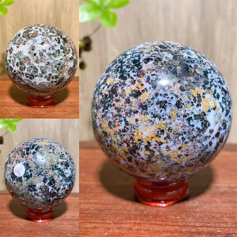 1PCS Natural Colourful Ocean Jasper Sphere WIth Druzy And Crack Raw Geode Healing Crystals Reiki Energy Home Decor +Stand