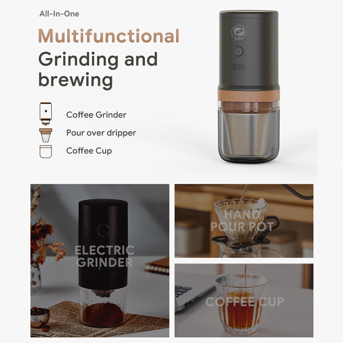 2 in 1 Wireless Electric Coffee Grinder Machine Portable Drip & Hand Brew Travel Coffee Maker for Car & Home Camping