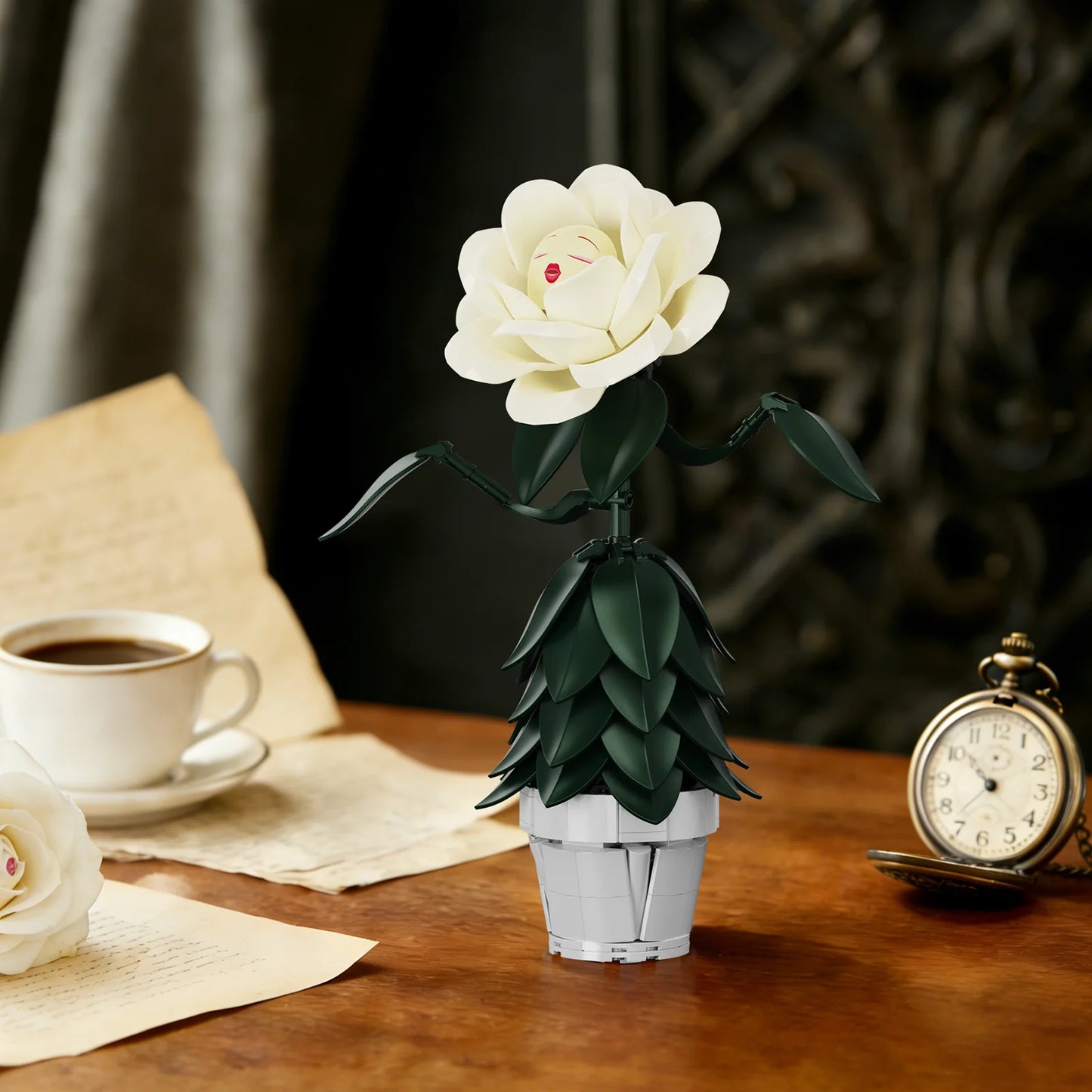 Wonderland Flower Building Blocks Set Mad Hatter Tea Party Plant Bricks Toys Home Decor Christmas Gifts for Women
