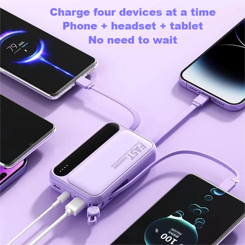 Lenovo 50000mah Large Capacity Power Bank 4in1 Built In Cables Intelligent Digital Display Light Portable Battery For Iphone New