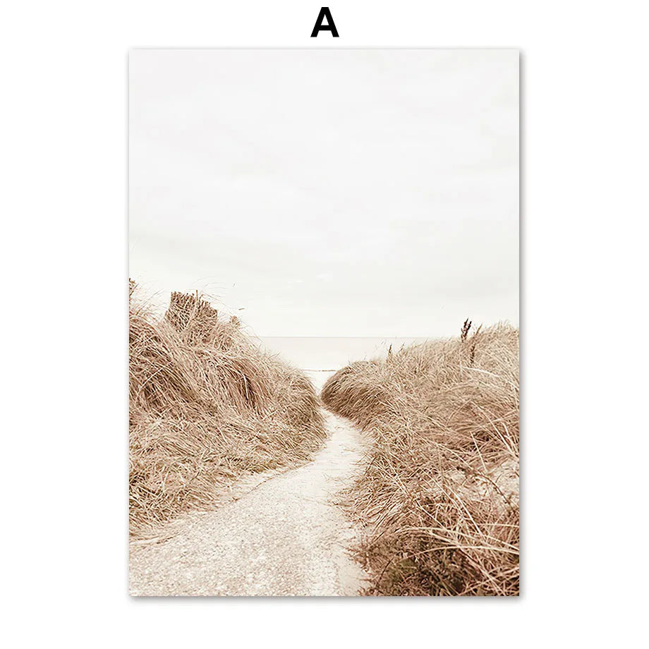 Neutral Beige Wall Art Mural Canvas Prints Boho Nature Landscape Highland Cow Coastal Pampas Grass Plant Posters Room Home Decor
