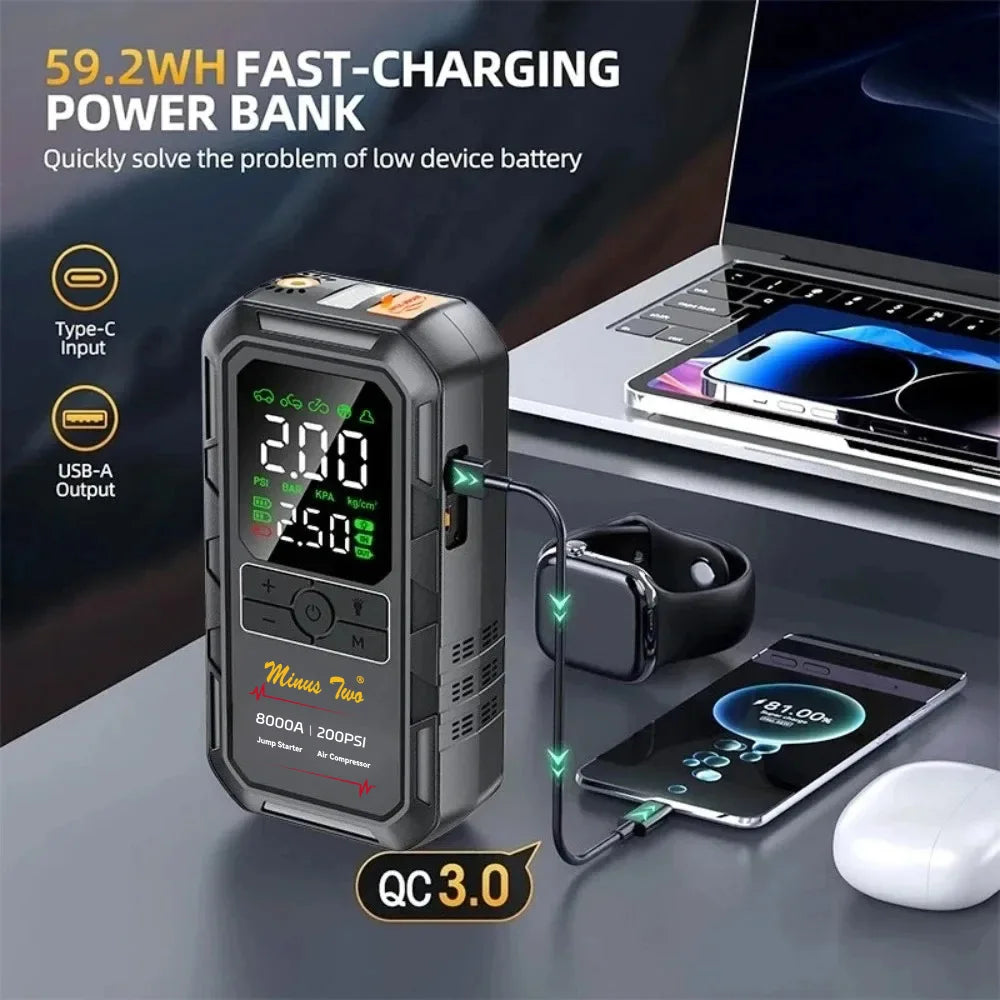 Minus Two Car Jump Starter Air Compressor with Power Bank Portable Electric Pump Battery Booster 12V Jump Box with Flashlight
