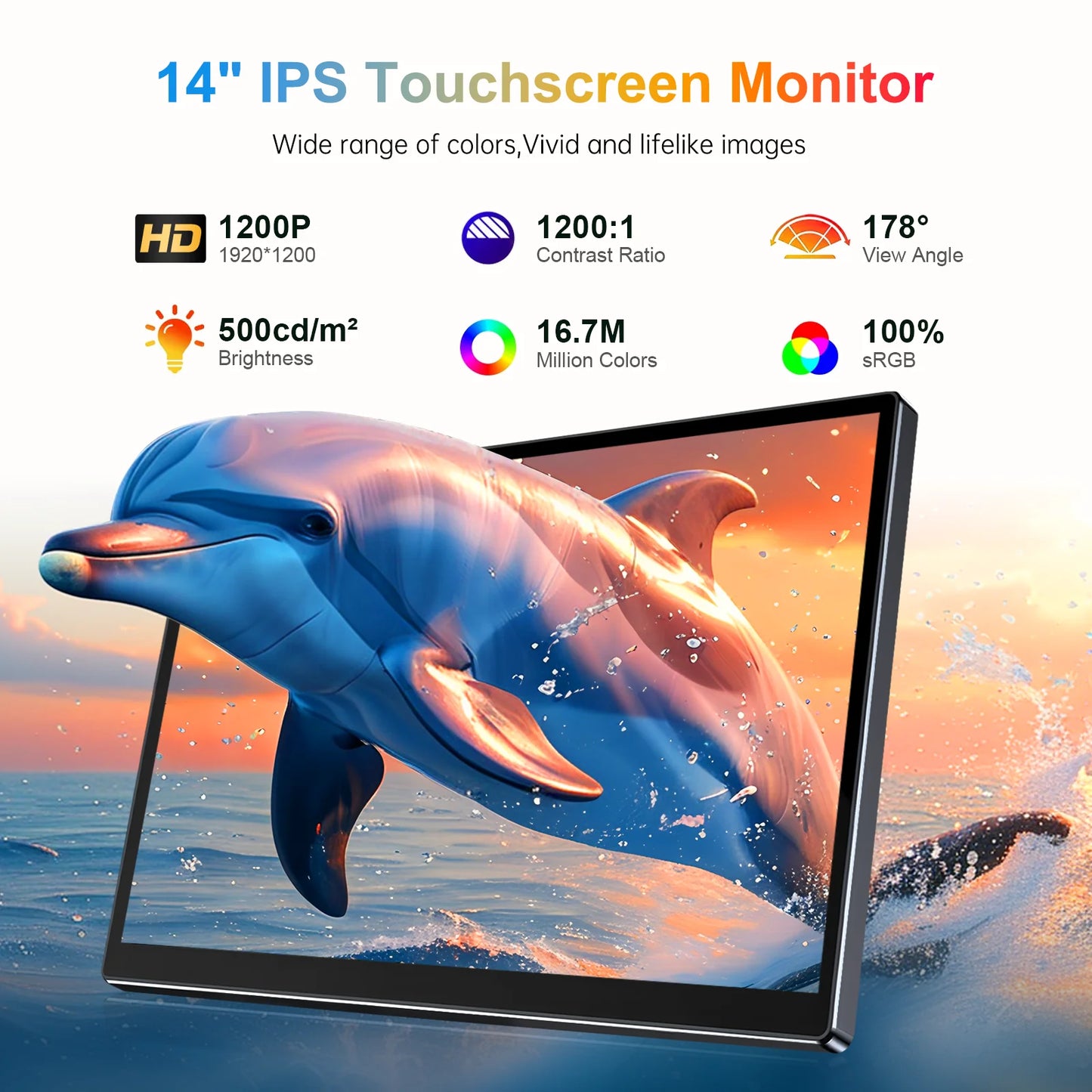 14 inch Portable Monitor Touch Screen with 1920X1200 IPS Office Computer Second Display for Laptop Phone CCTV DIY Car Syteam