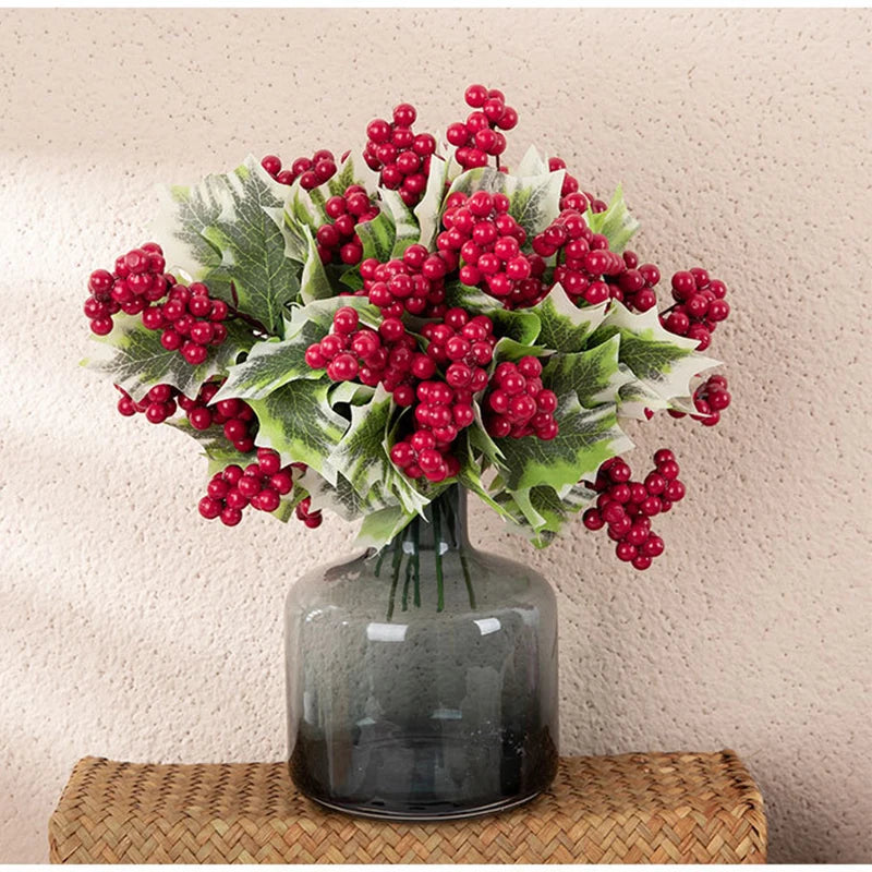 Artificial Red Berry Branch With Leave Faux Holly Berries Flower Bouquet Christmas Tree Ornaments Wedding Party Home Decor
