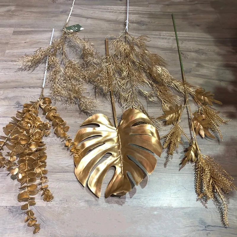 Artificial Gold Leaf Wedding Decoration Flower Fake Plants Branch Flowers Arrangement Material Christmas Home Decor Accessories