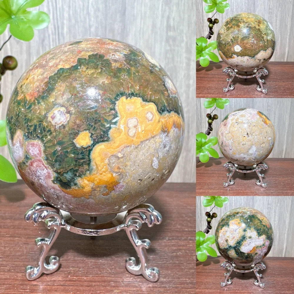 1PCS Natural Colourful Ocean Jasper Sphere WIth Druzy And Crack Raw Geode Healing Crystals Reiki Energy Home Decor +Stand