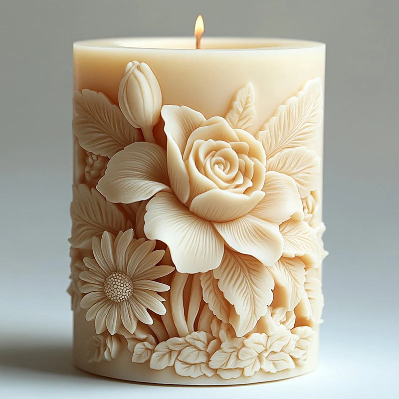 Relief Blooming Flower Cylinder Candle Silicone Mold 3D Rose Cylinder Candle Molds Valentine's Day Wedding Home Decor Mould