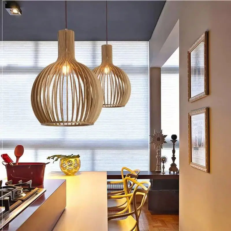 Restaurant Birdcage Handmade Wabi-sabi LED Pendant Light Black White Blue Walnut Color Chandelier Home Decor Lamps Hollow Design
