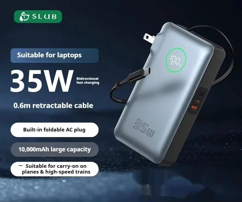 SLUB 65W Power Bank 20000mAhBuilt-in Retractable Fast Charging Cable Smart Digital Display Power Bank with Foldable AC Plug