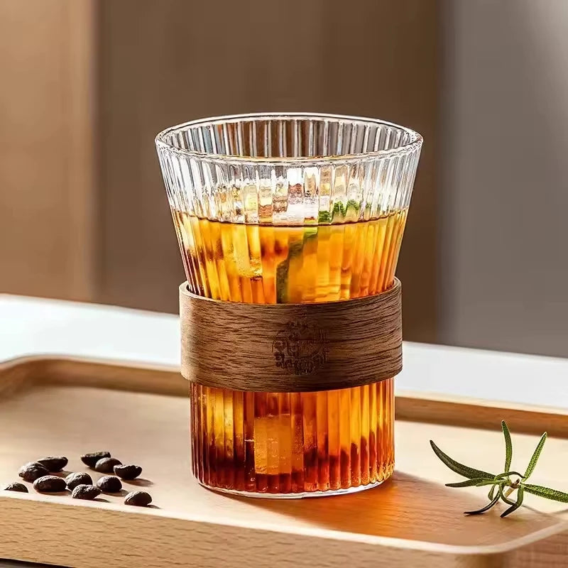 300 ml Glass Iced Coffee Cup, Milk Tea Drinking Mug with Leather Grip for Latte, Cocktail, Juice & Home Decor