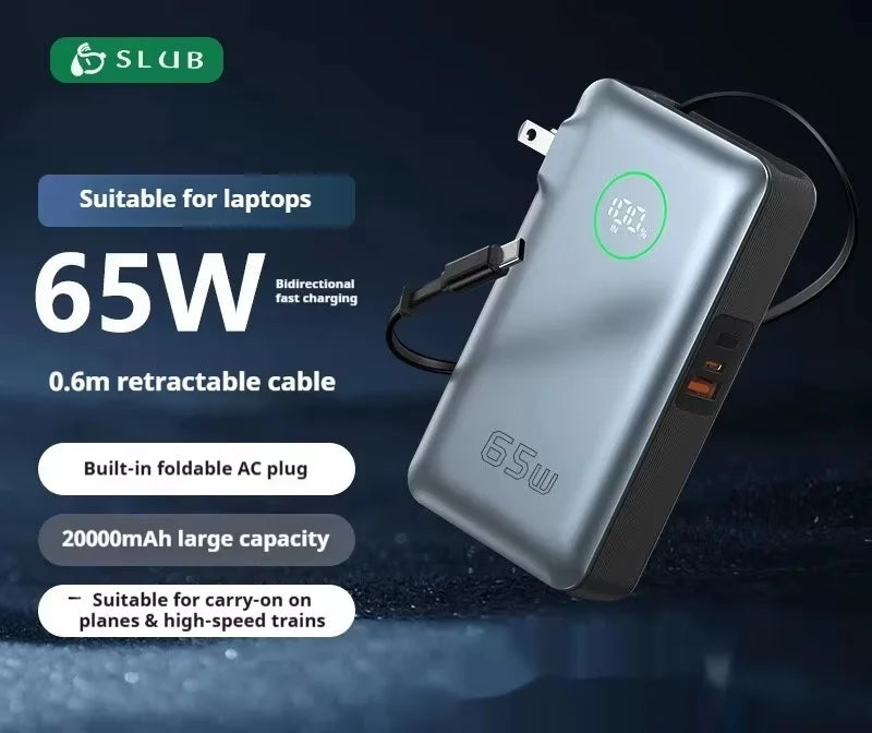 SLUB 65W Power Bank 20000mAhBuilt-in Retractable Fast Charging Cable Smart Digital Display Power Bank with Foldable AC Plug