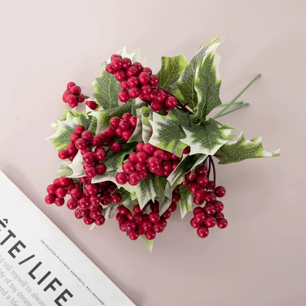 Artificial Red Berry Branch With Leave Faux Holly Berries Flower Bouquet Christmas Tree Ornaments Wedding Party Home Decor
